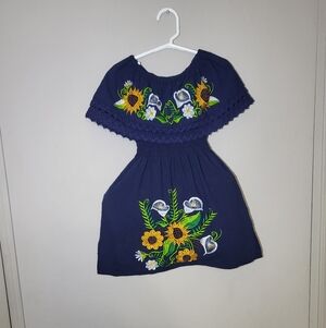 Sunflower Embroidered Kids Dress - Navy